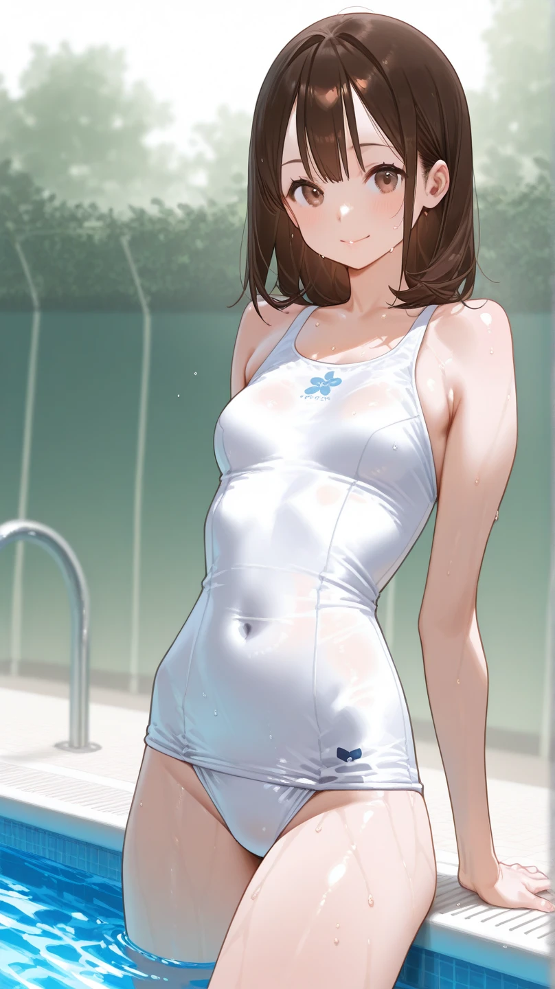 High quality, masterpiece, nsfw, full body figure, girl, schoolgirl, facing the front, slender body, thin thighs, small, small perky breasts, small and hard nipple, white t-shirt, tight t-shirt, sheer clothes, wet clothes, emphasizing breasts, naked, no bottom, no panty, {nipple}, barefoot, black hair, ahoge, blue eyes, blush, shy, excited, erect nipple, areola, shorthair, school, pool, splash, sunshine