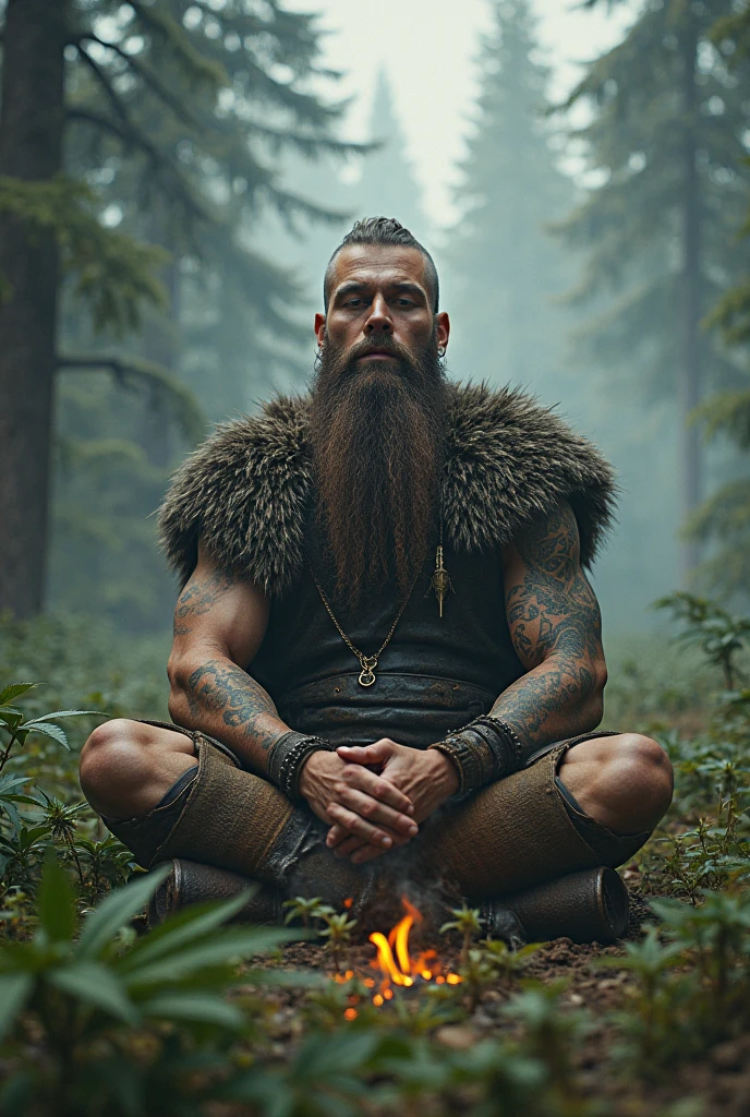 Male figure depicted as a deity sitting on grass, hair half blonde half brown, tattoos on his face and body