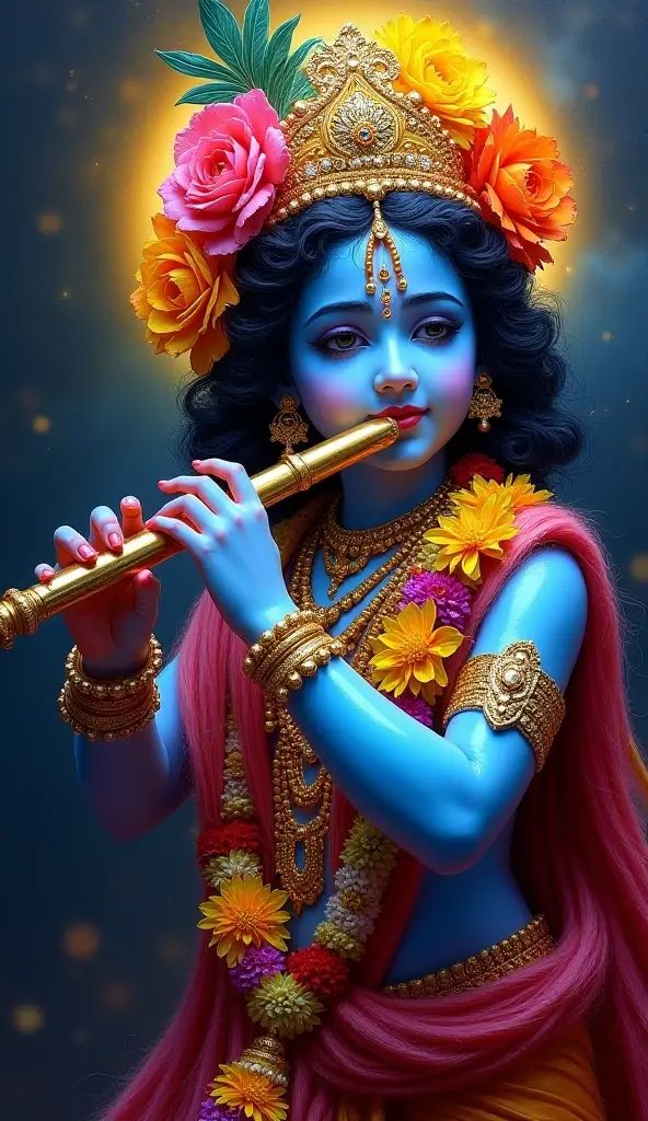 Happy Janmashtami Photos face frontwith Lord Krishna, playing flute background solar panels