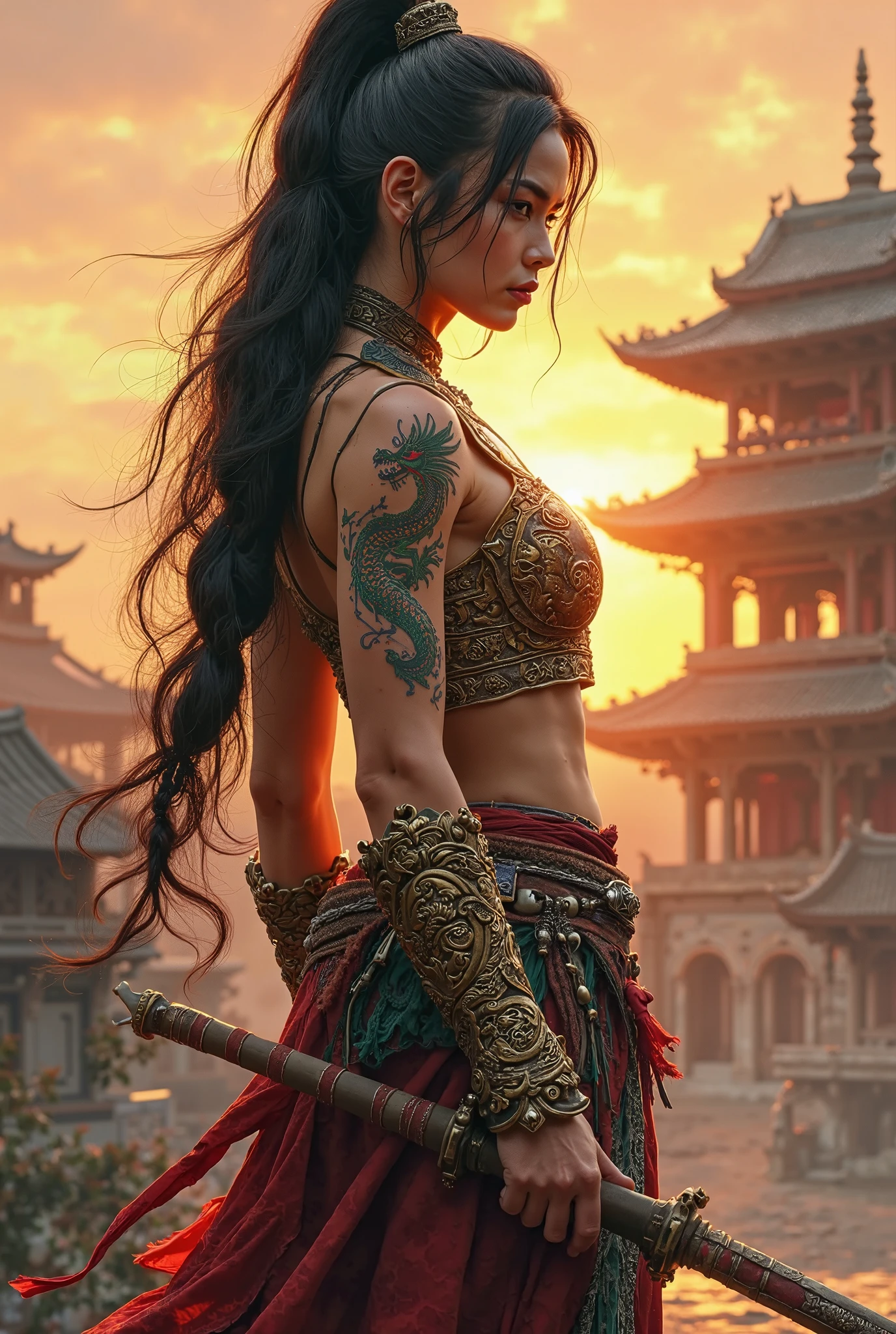RAW photo, high quality, frame from an ancient Mayan action movie, gorgeous dreamlike luxury, stunning oiran tattooed girl special forces using a rifle in a fight scene, cyberpunk art, afrofuturism, dichen_lachman, dinosaurs rex