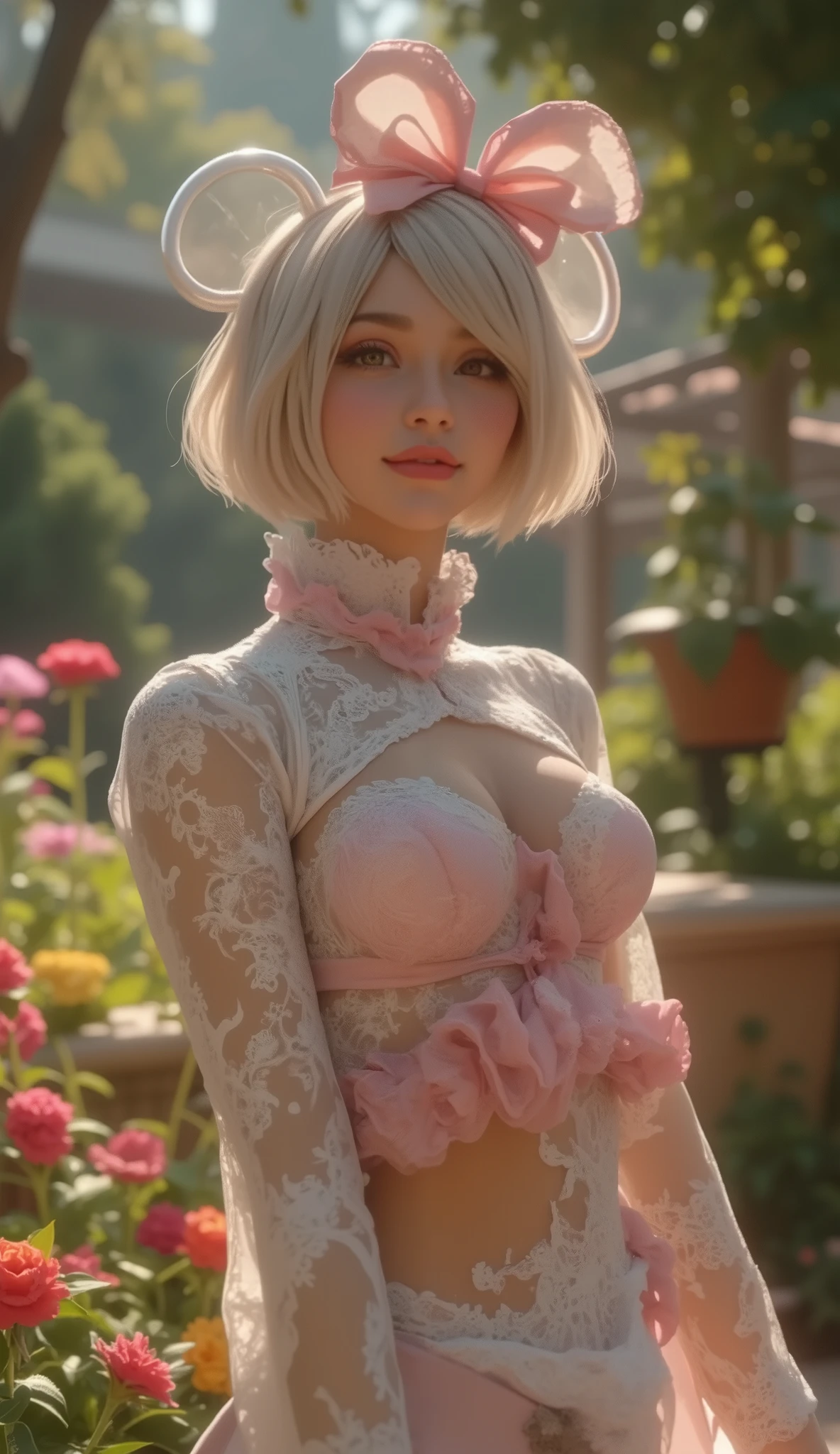 NSFW, (Top Quality, masterpiece, award winning work, 16k), 、((a spring break, YorHa No.2 type B on spring break, a trip to Disney resort, walking through Disney resort: 1.2))、white bronde short hair, ( delicate facial expression、Delicate hair expression、Delicate Eye Expression:1.5), (smiles:1.2), (raised and crisp bust:1.2), (lifts the chest:1.2), (Perky breasts, nipples :1.2), , ( double breasted,Underbust:1.2), button gap with, Minnie mouse costume, selfie, walks under trees、spring sun shine, Clothes from strong winds blow up、 petals are blown away by strong winds