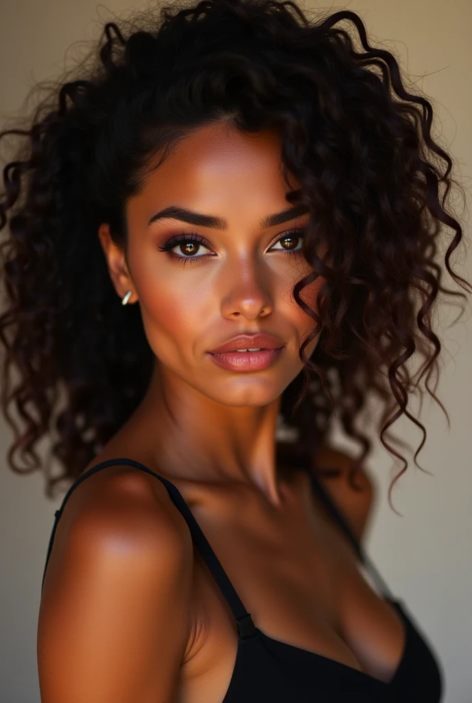 Hot indian girl with curly hair with stylish clothes on cafe white skin