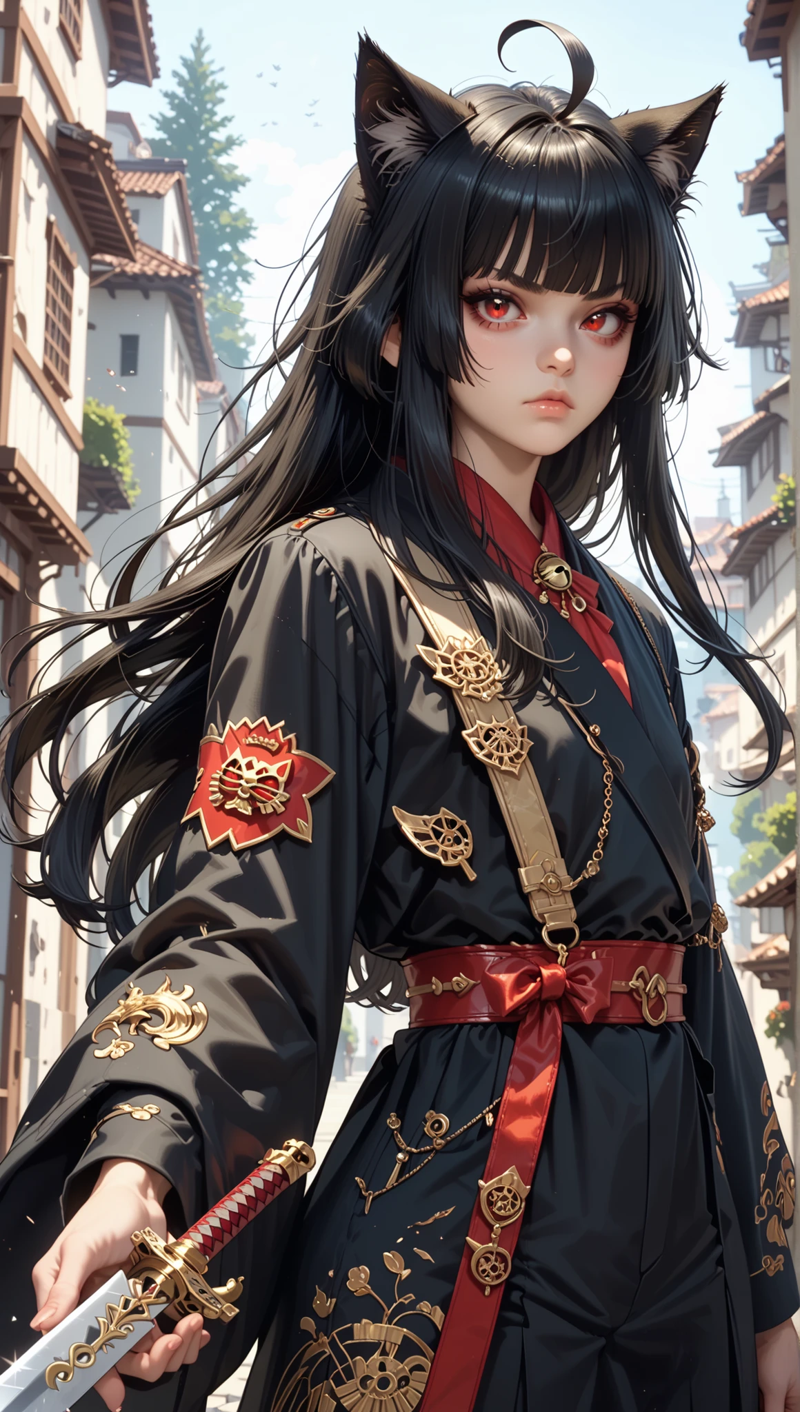 1 girl, (feminine approach), Alone , 1 girl, Ichigokurosaki , ((cat girl, cat black ears)), (red eyes), (long hair), (( black hair, (Ahoge), straight bangs,)),, (Shinigami costume), combat position, holding its sword , serious guy, The lighting is strong and soft for the strong aura of the scene, anime screencap