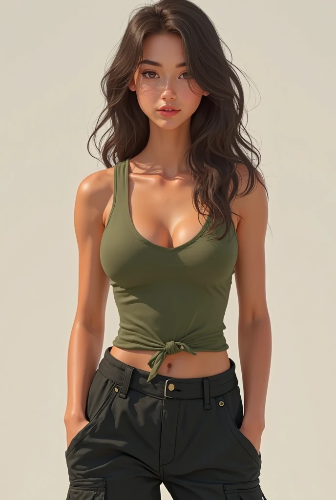Beautiful araffed woman in a green tank top and jeans standing in front of a tree, usando um top cropped sexy, 2 Modelo feminina de 4 anos, Retrato Sophie Mudd, usando uma camiseta regata de corte baixo, usando uma camiseta regata, Topo de cabresto verde, her navel is exposed, usando um top bonito, peito achatado, lindo modelo jovem, Encaixe figura delicada