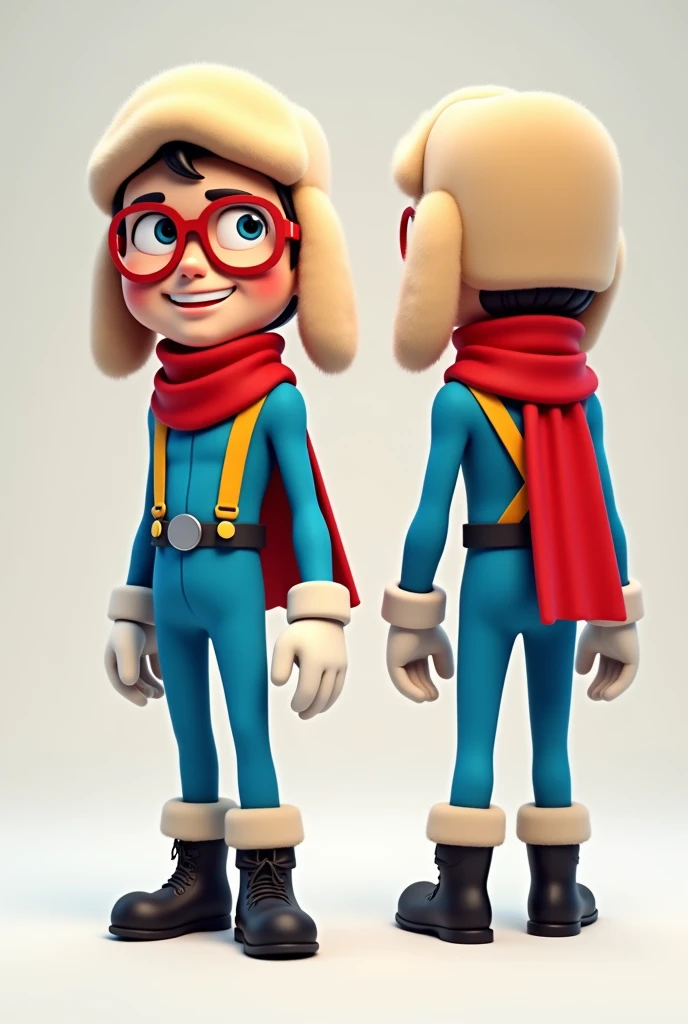Child with brown skin and golden hair. shaved off,with glasses and a turned-up nose.
He has a muscular body the size of a huge bodybuilder.
He wears a super tight black spandex suit,  a pair of white gloves and extra long white football socks that reach up to her thighs, highlighting her legs 