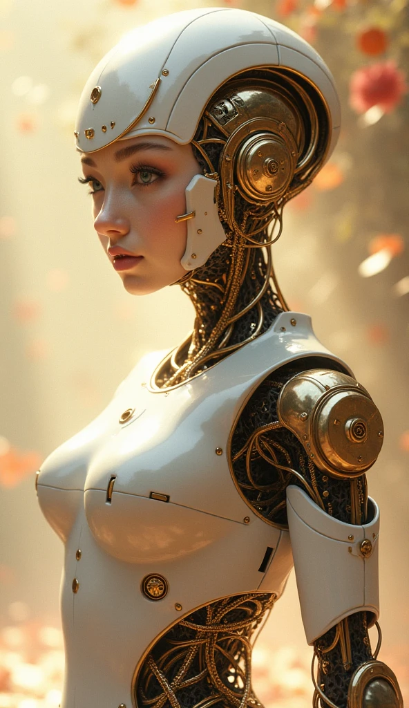 a vibrant steampunk charming sophisticated elegant formal graceful female, clockwork amputee with a transparent body frame, graceful movement, intricate clockwork mechanisms metallic textures, brass and copper accents, ornate details, steam and gears,