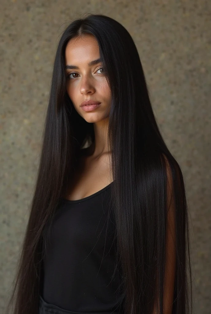 A girl with straight long hair wearing a black dress with soft lighting details, alta qualidade,