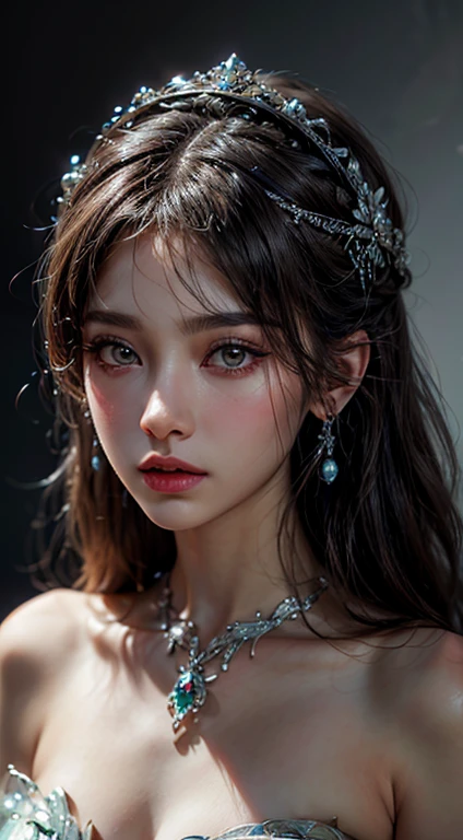 4K, A high resolution, ultra-detailed, masterpiece, Elegant dynamic portrait,a stunning beautiful girl, big breasts, long hair, Blue hair tied up elegantly, Decorate with jewelry, a diamond necklace, (Put on a big cloak), Clear purple eyes, beautiful and clear eyes, delicate necklace, delicate earrings (Hair decorated with delicate flower arrangements, crystal jewelry string), (looking at viewer)