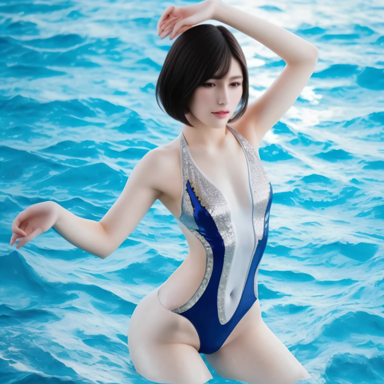 8Ｋ、top-quality, 超A high resolution, portrait of a full body, Amazing beauty, beautiful and delicate face, Big beautiful eyes, Simple and exciting underwear, highly detailed back ground, Very realistic skin,、translucent、(Camel toe)、((Amalfi Coast))、see -through、((Competitive swimsuit))、Oriental features、Skin seen through the fabric、Small and racy、Blue Eye、(Bright blue eyes)、(Seductive open legs pose)、16 only、Beautiful side of the slippery、Aura with a sense of transparency、Perfect Style、Competitive swimsuit with very thin fabric、((Hair with colored mesh:1.2))、(Colorful colored hair:1.3)、cute little、Detailed finger details