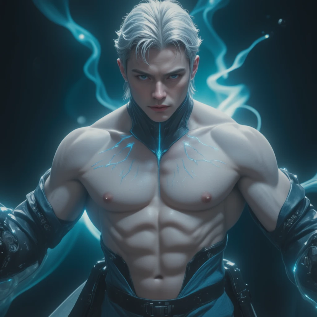 best quality, masterpiece, (photorealistic:1.4), 1boy , shirt with collars, waist up, dramatic lighting, from below , handsome, sixpack, charming, cute, white skin, naked,Not wearing underwear , male genitalia exposed, large long veined hard erect male genitalia, short white hair, Blue eyes,Body covered with transparent viscous white fluid and sperm, oral sex, sucking male genitalia, water magic ,Cloak made of water, Naked, bare chest,Super tight mini panties , perfect eyes ,Conductor , blue light magic