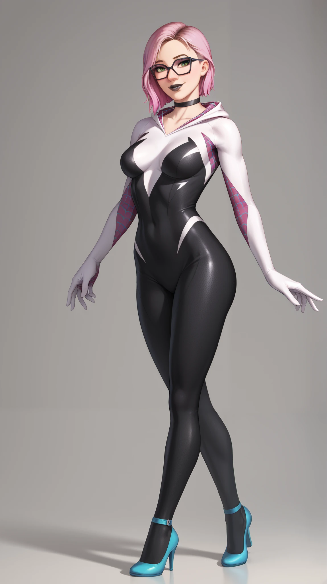 girl (masterpiece), choker, black lips, evening, beautiful green eyes, short pink hair, glasses,girl (masterpiece), choker, black lips, evening, beautiful green eyes, short pink hair, glasses, white light, Spider-Gwen tight suit, full body, gray room,mischievous smile,mischievous smile