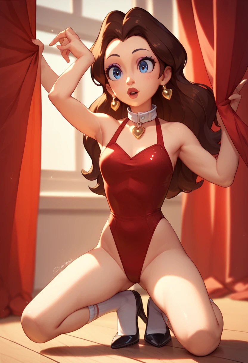 masterpiece, lots of detail, 4k, 8k, ((ultra-detailed)), highres, cinematic lighting, atmospheric lighting, cowboy shot, official artwork, hetero, indoors, spotlight, stage, curtains, <lora:Red_Hot_Riding_HoodV1-10:0.7>, redhotv1, 1girl, solo, female focus, ((short hair)), ((orange hair)), 1940s hairstyle, blue eyes, looking at viewer, makeup, smile, blush, standing, red lips, collarbone, large breasts, cleavage, arms up, hands behind head, armpits, hidden hands, leotard, navel, bare shoulders, choker, thigh gap, 1940s pin up girl, dancing, strapless dress, fills, tutu,