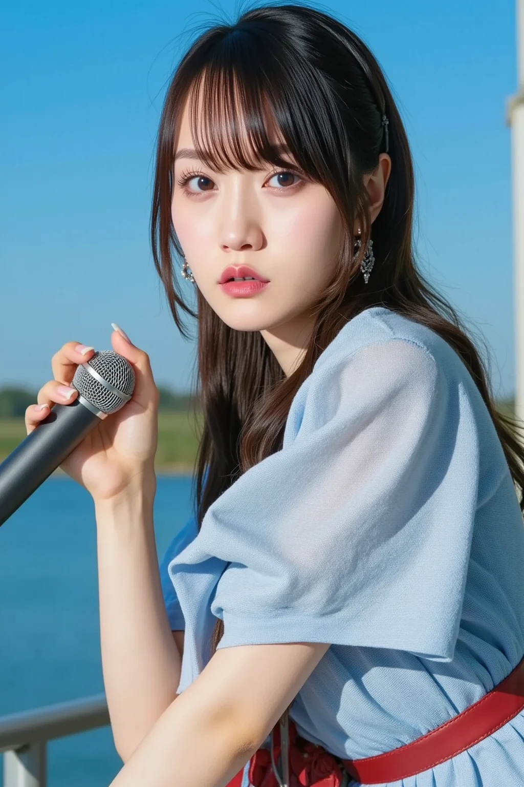 1girl,solo,masterpiece,best quality,((photo realistic)),detailed face,(upper body:1.6),(looking at viewer:1.5),((front face)),head tilt,
<lora:aina_v1rw>,aina,((straight hair)),bangs,(mole:0.6),((flat background)),(((over sized one piece blue dress))),(big sized v-neck blue t-shirt dress),(blue clothes:1.3),((microphone stand)),(((gray sky))),(from below:1.1),(cool toned cinematic film:2),midium hair,disheveled hair,outdoors,((flat chest)),(soft focus:1.4),shunji iwai film,(film grain:1.4),(foggy:1.2),<lora:filmgrain:0.4>,filmgrain,