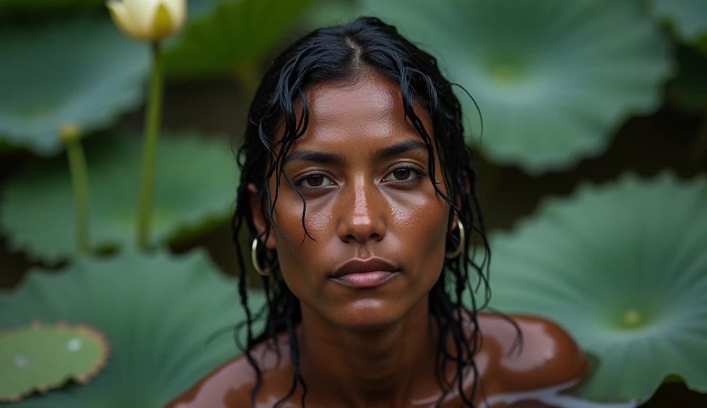 1 Borneo Tribal Girl, Sitting naked in a river bath forest, deep forest, leaf floating in flowing water, Hyper realistic, Lifelike texture, Dramatic Lighting, nikon RAW photo, 8K, Fuji XT3,Citrine Dream Mix, masutepiece, Best Quality, Realistic, Naked, Show , (Photorealistic:1.4), Ultra-detail, extra detailed face, solo, entire body visible, (((Smile:1.2)))