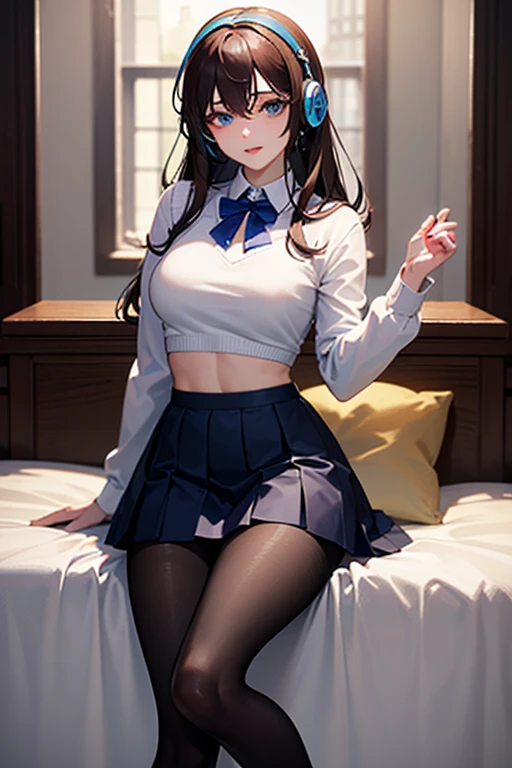 masterpiece,最high quality,high quality,4k,8K,High resolution,Full HD,20 year old beautiful girl,big bust,D cup,twin tails,uniform,mini skirt,thong shorts,On your back,M-shaped spread legs,on the bed,pastel colored room