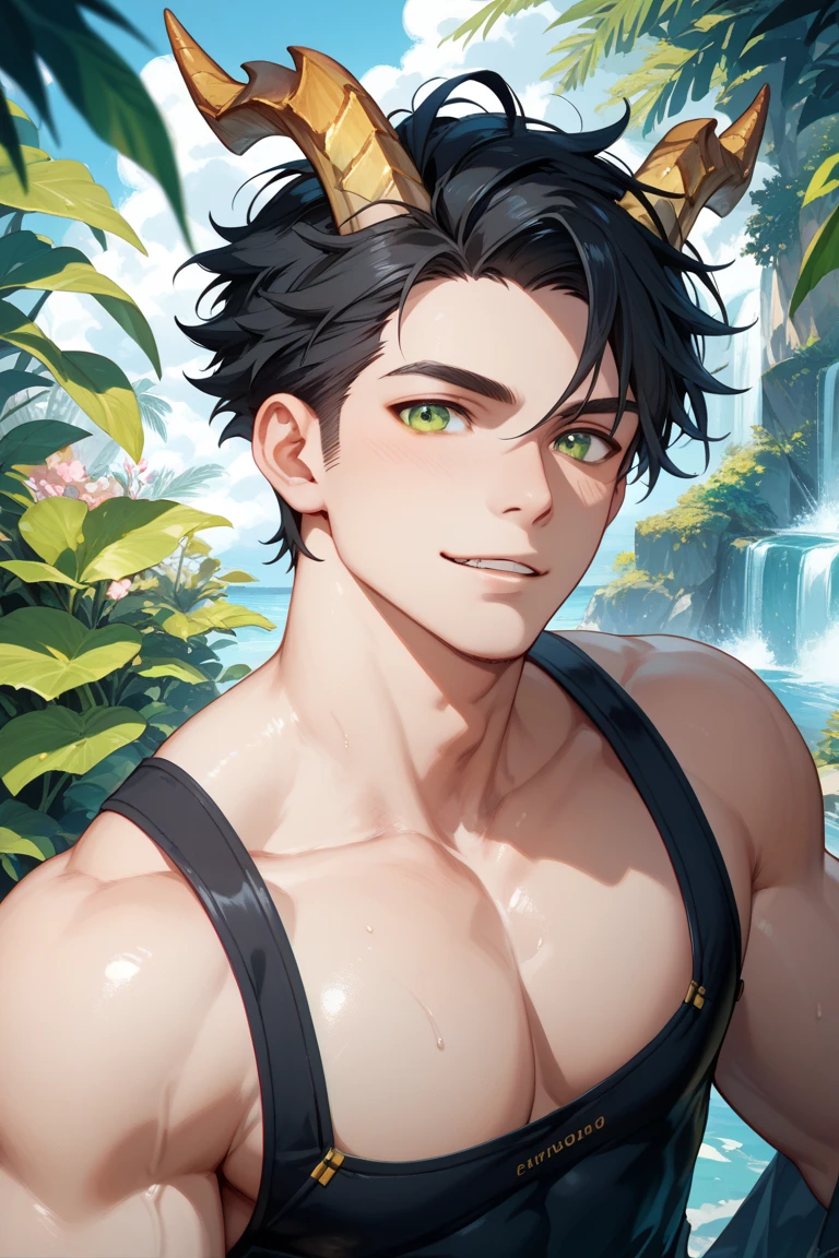 man, masculine, masculine face, attractive, muscular, ((1man)), masterpiece, absurdres, best quality ,intricate details , (shiny skin, shiny body, shiny oily luster skin, shiny hair, pale skintone), Sundown, attractive, ((muscular)), adult, one, tattoo in his chest ,black blouse, earrings, black pants, Don't look at the view , Not looking at the view, red short hair, perfect detailed face, perfect detailed hands, vampire, blue eyes, ((MLS)), medium large shoot