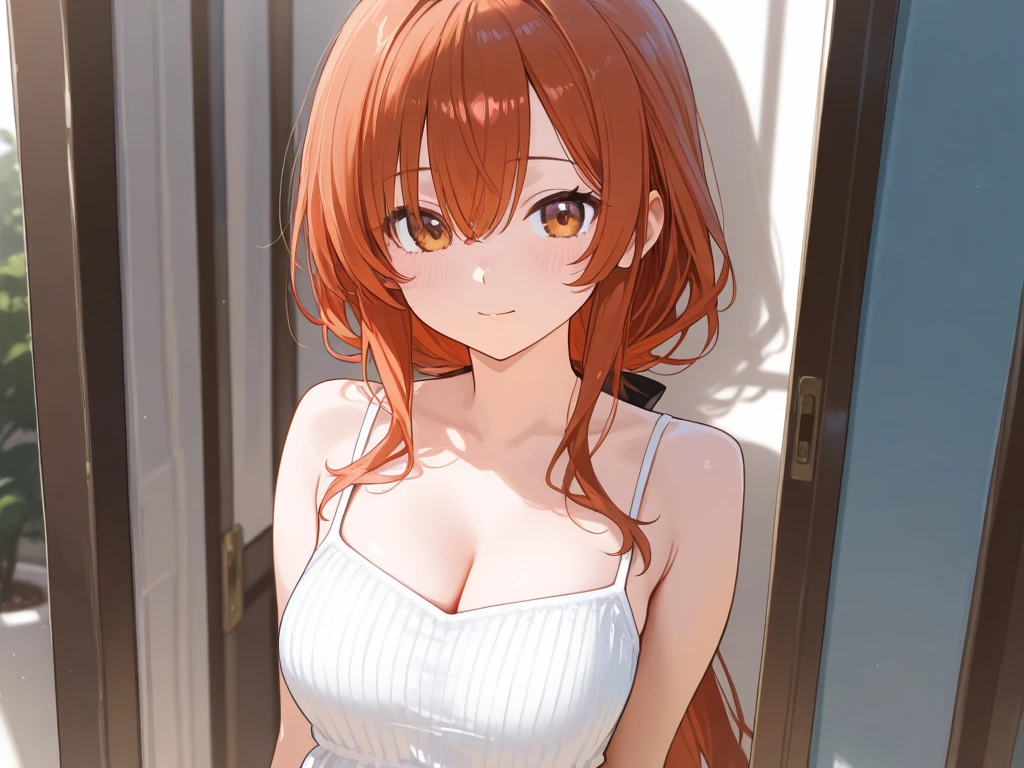 Red hair、Long Hair、bangs、Hair between the eyes、One side up、Green Eyes、smile、Medium chest, Cleavage, Shorts, Telephone, cellTelephone, bracelet, Tank top, jewelry, clock, lips, Focus Only, Manicure, Blurred background, smile, wristclock, Realistic, Blurred, View your viewers