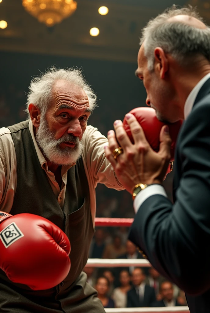 Mark Twain with boxing gloves punching a young man with short hair