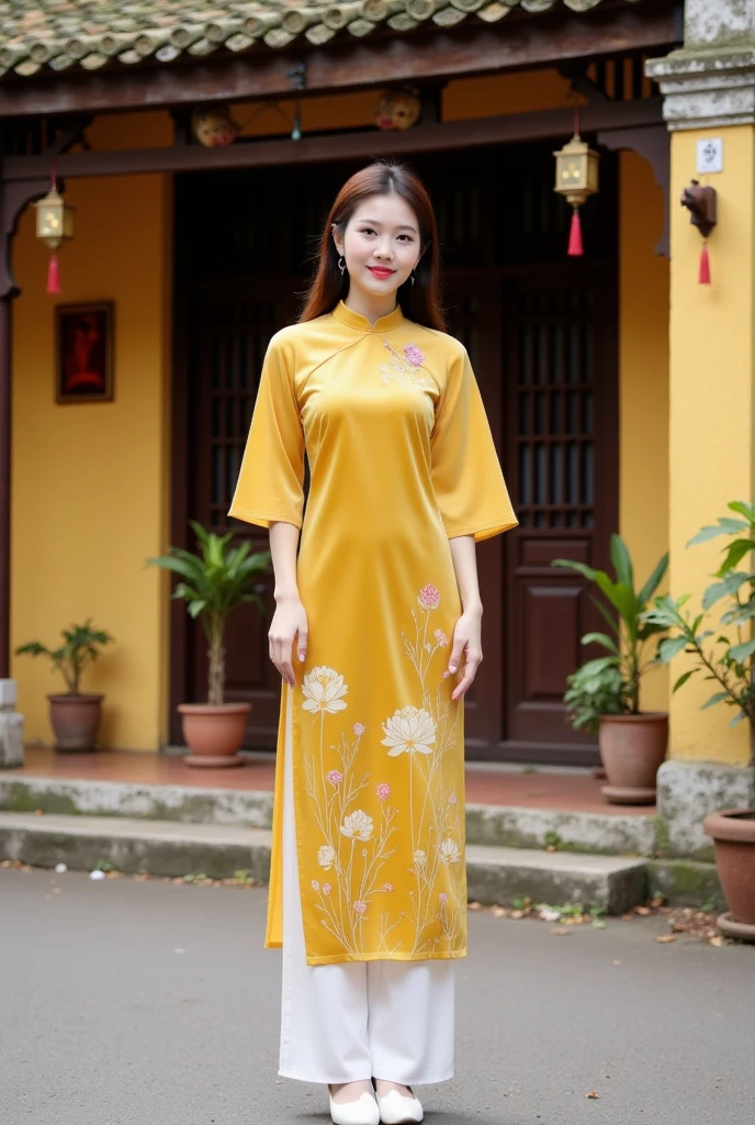 22 year old Korean beauty wearing Ao Dai standing in a banana field.