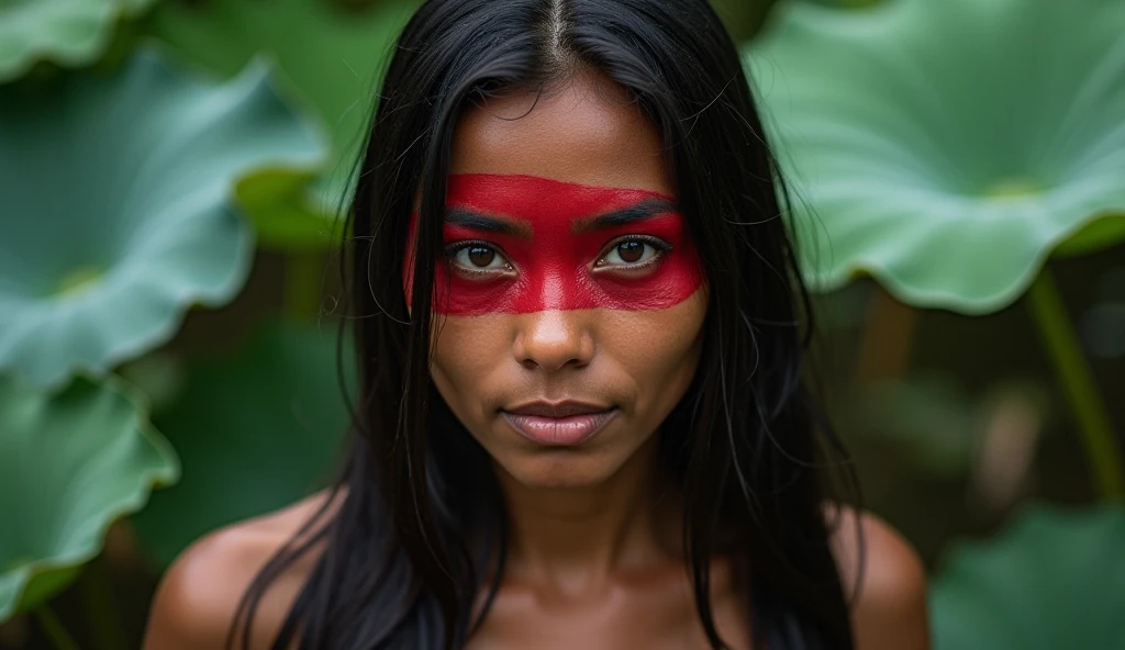Mulher de perfil, Brazilian indigenous woman with red and yellow face paint and a feather, amazon indian peoples in brazil, a young female shaman, pintura do rosto do guerreira vermelho, atmosfera vermelha tribal, ayahuasca shaman, amazon warrior, uma bela mulher guerreira, pintura facial tribal, pinturas tribais do rosto, beautiful young female shaman, Indigenous, Guerreira adulta do norte, anthropological photography, mulher linda