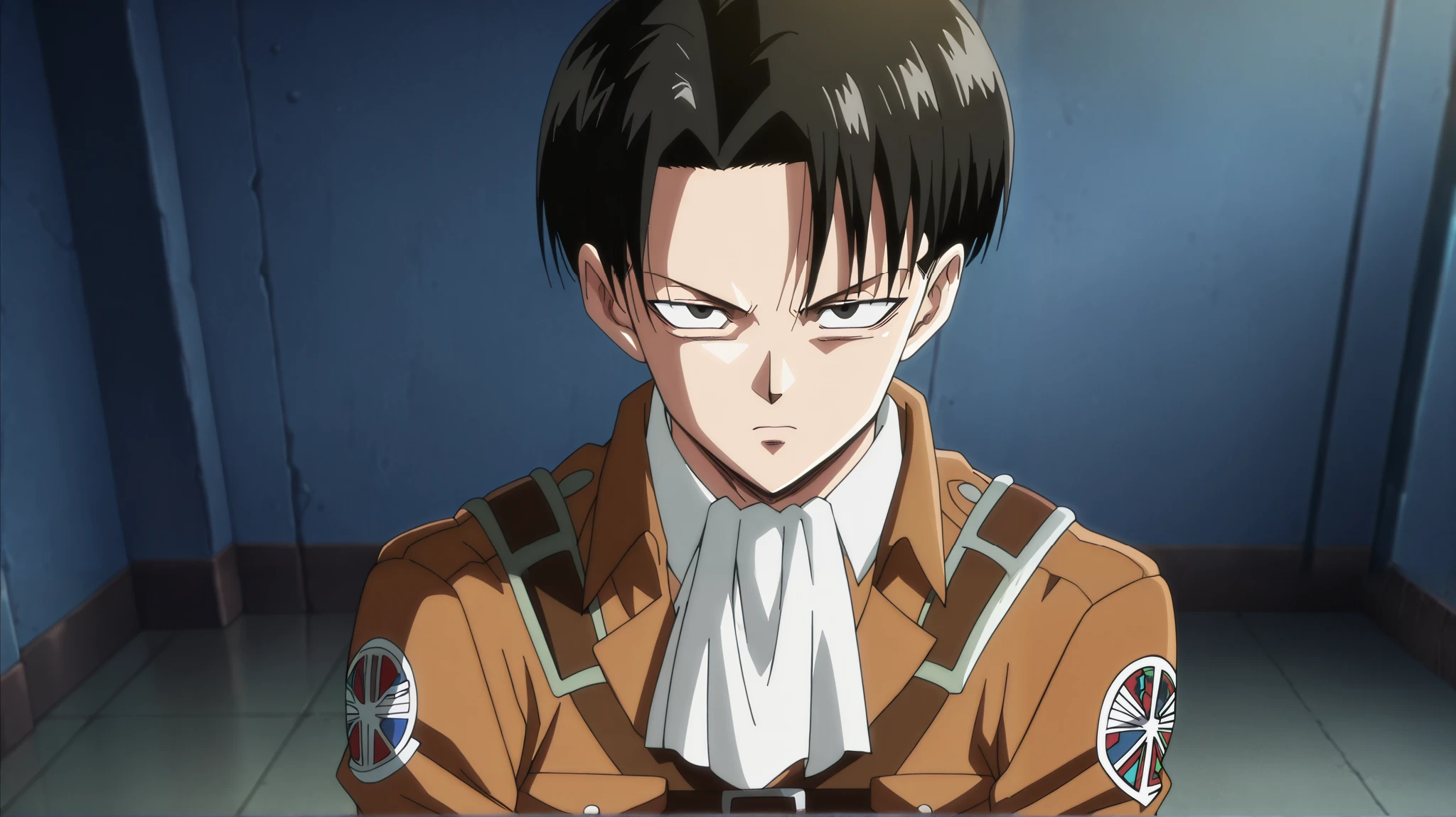 masterpiece, best quality, intricate details, anime screencap, anime coloring, , , , 1boy, solo, male focus, levi_ackerman, black hair, black eyes, short hair, curtained hair, paradis military uniform, ascot, , ,((upper body)), cowboy shot, looking at viewer