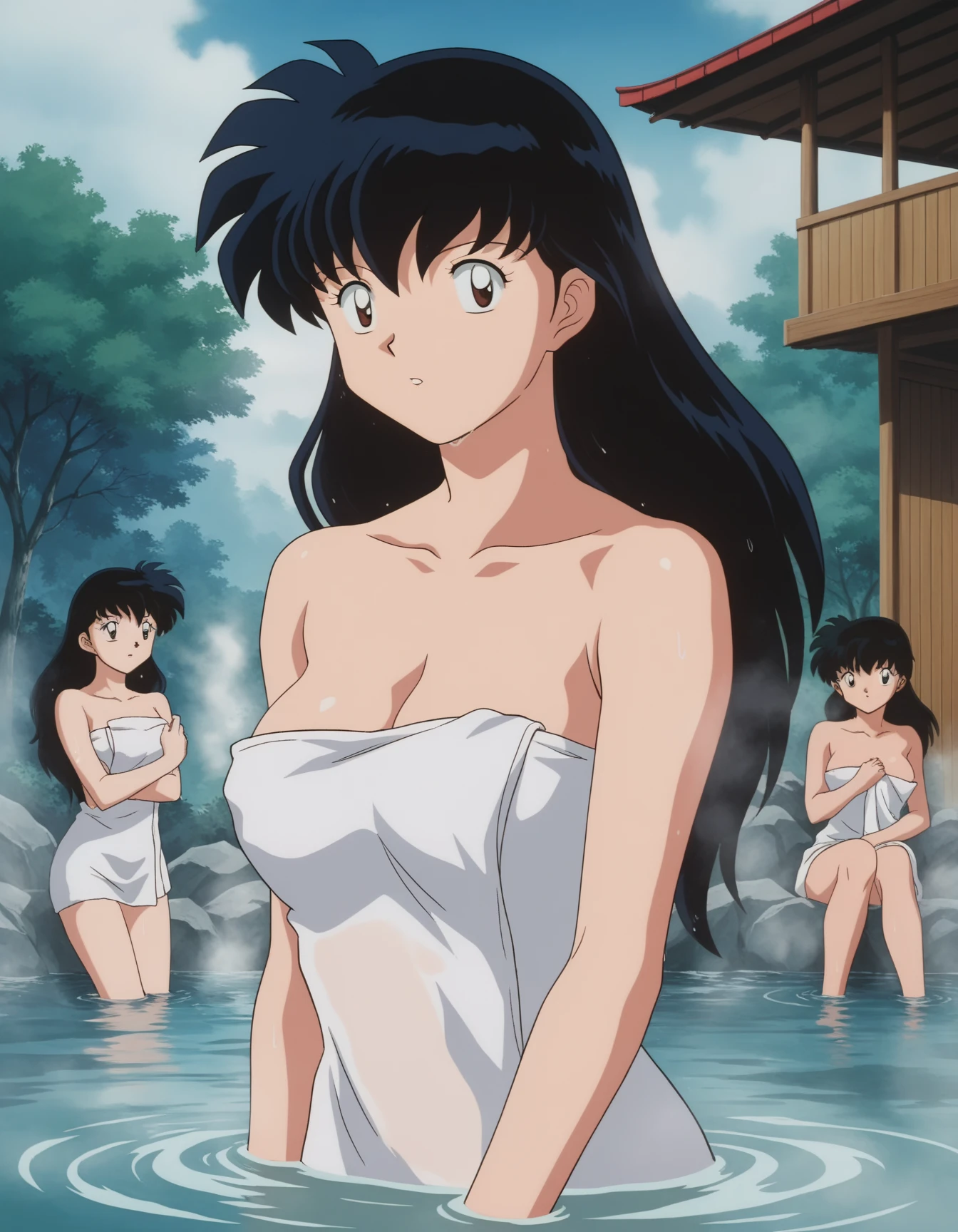masterpiece, best quality, ultra-detailed, two young girls in (bottomless:1.5) walking in shallow waters next to each other, (nude), multiple girls, 2girls, , holding hands, flat chest, black hair, (pussy:1.5), water, navel.