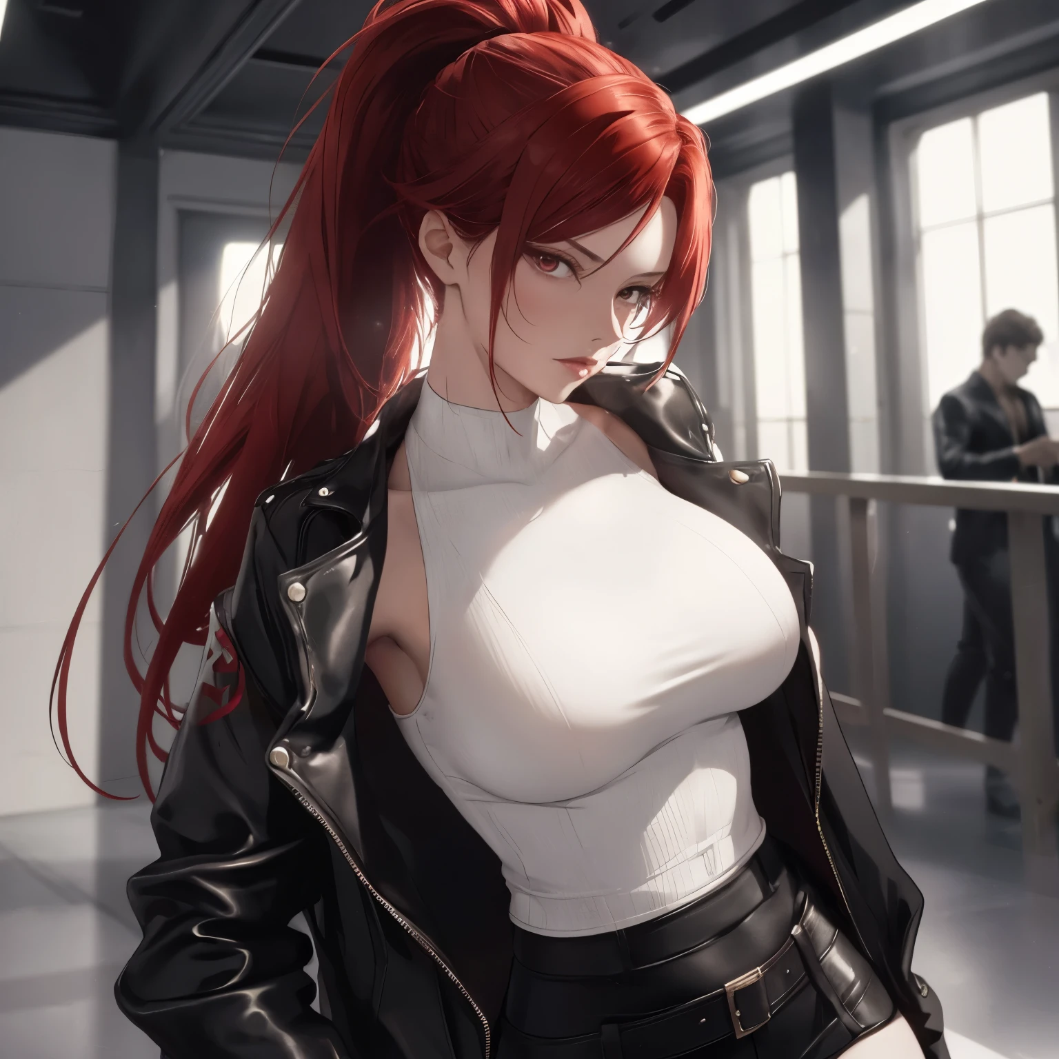 ((Best Quality)), ((Masterpiece)), ((Realistic)) 19 year old, redhead girl, hair is in ponytail, relaxed happy face ((slender)) (busty), ((( black lingerie))) (((black trench coat)) bun hairstyle, (((detailed character sheet, frontal view, side view, three quarter view))) (((white background))) 6 and a half heads full body