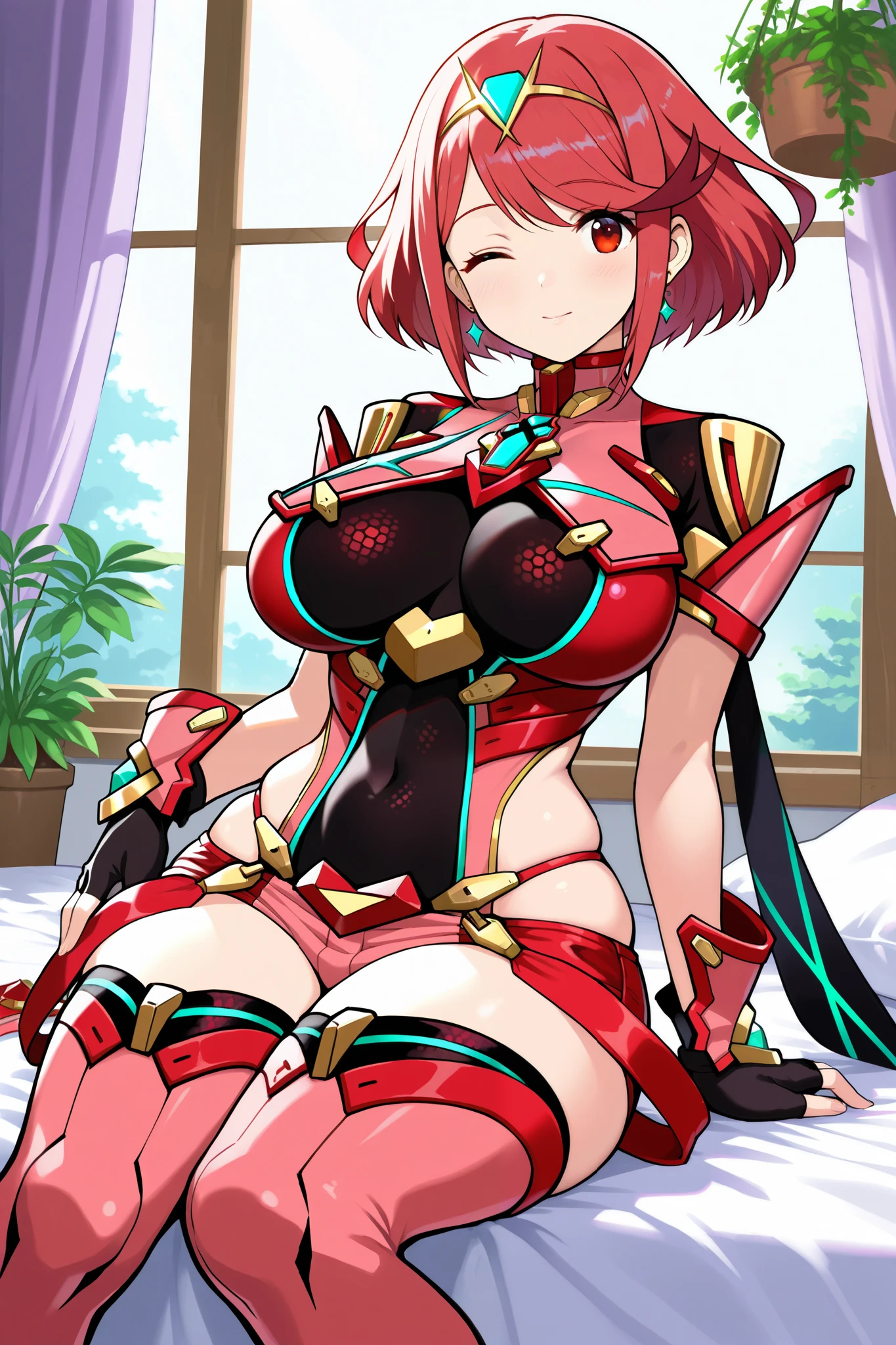 masterpiece, best quality, amazing quality, mj manga, looking at viewer, in bed, big window, nice scenery, hanging plants, thin purple curtains, (day), sunlight, BREAK 1girl, solo, maturefemale, pyra \(xenoblade\), red hair, short hair, swept bangs, bob cut, red eyes, tiara, earrings, chest jewel, backless outfit, bodysuit, covered navel, neon trim, clothing cutout, short sleeves, fingerless gloves, black gloves, short shorts, thigh boots, breasts, small waist, big hips, big butt, sitting, winking