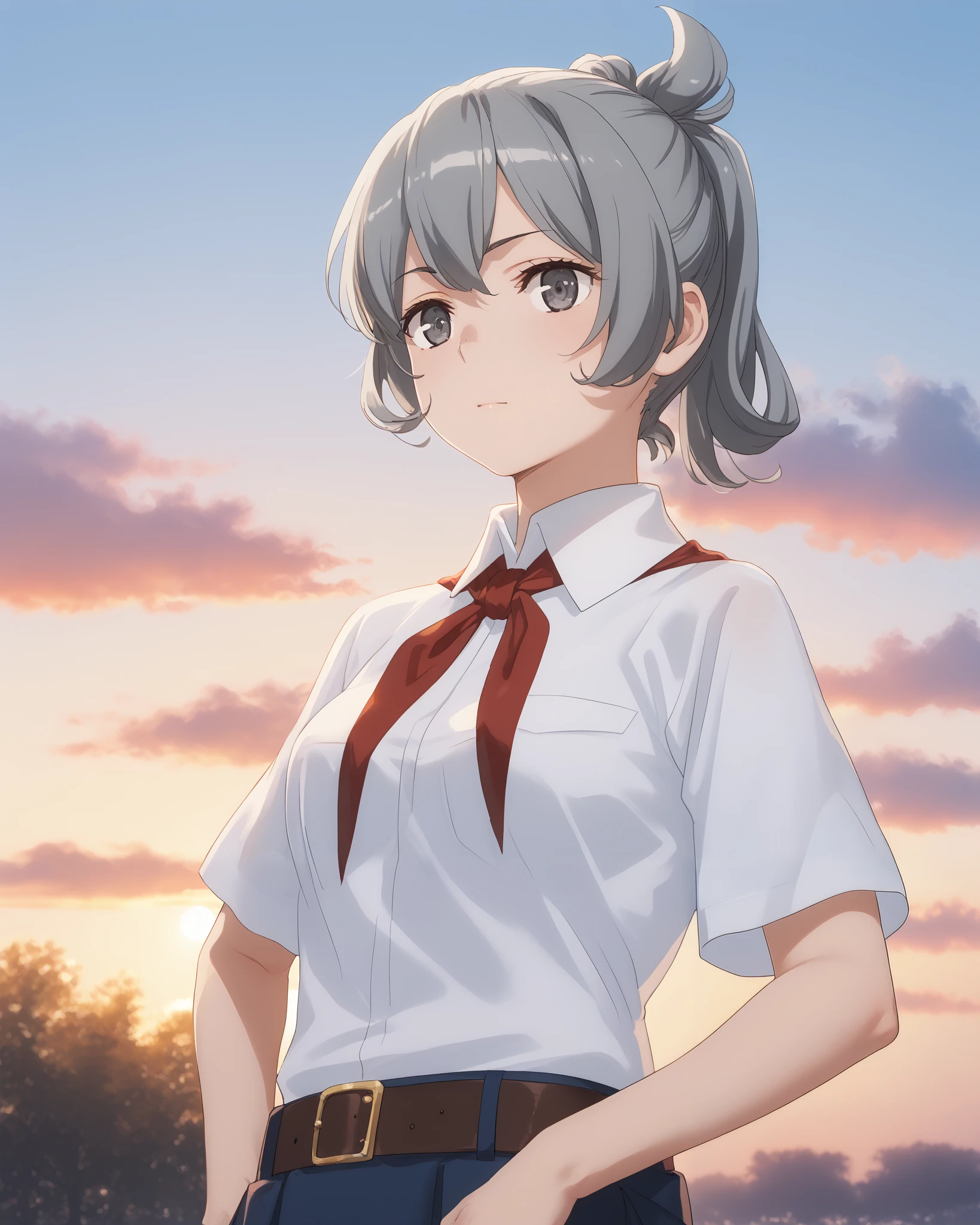 1 девочка, Соло, Высокое разрешение, white collared shirt, short sleeves, red neckerchief, neckerchief, belt, blue skirt, sky, облака, evening, площадь, short hair, short ponytail, grey hair, grey eyes