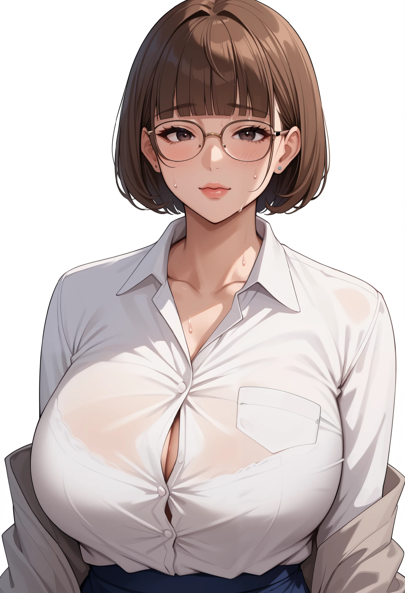 (masterpiece, best quality), anime girl, 1girl, Light brown Short Messy Hair with High Fade, Size G breasts, goforawalk, Light brown eyes, silver spectacles