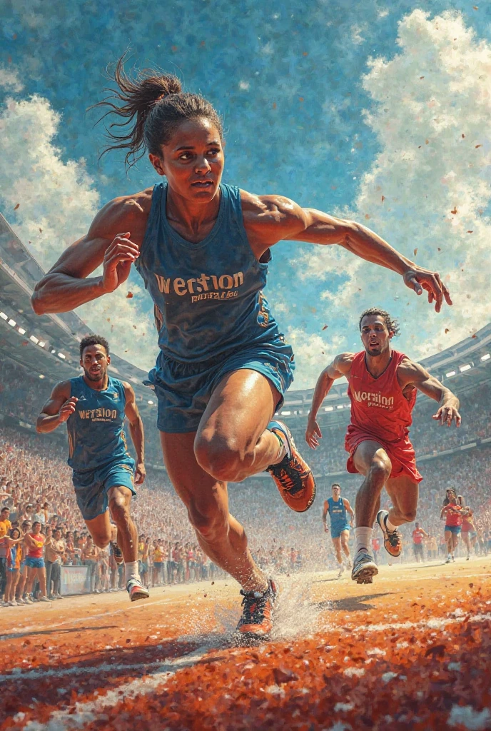 4D portrait of An expressive oil painting of a black female athlete crossing the finish line, with other female athletes right behind her in a tight race, depicted as an explosion of a nebula, Oil Painting, 3/4 Profile view, detailed embroidery, Moody chiaroscuro lighting, hight resolution