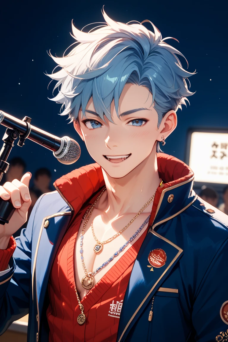 ((cute,kawaii,wonderland)),(smile:1.3),(fan service:1.25),((boy,Men's,male:1.2)),((1.25)),((Hiphop fashion:1.25)),((male性アイドル:1.15)),Angle from below,Angle of incitement,((Live Stage)),(Short Hair:1.3).