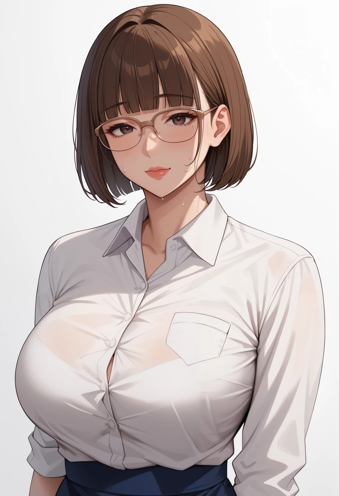 score_9, score_8_ up, score_7, ((White background)) ((Japan girl)) ((1girl))  Source_Anime, rathing_questionable , 最   Details,  high res, 8k,  超 high res , soft saturation, Professional quality,  perfect contrast ,  perfect lighting,  Anatomically Accurate ,  Sensual Woman ,  mature woman, Mature Woman, maternal,  seductive ,  short hair, (short Brown Hair), blunt bangs,  dark eyes, wooden frame glasses , Curvy,   (white shirt) , sweat , ((big breasts:0.9)) ((thin:1.2)) (full body:1.3) Blue A line skirt 