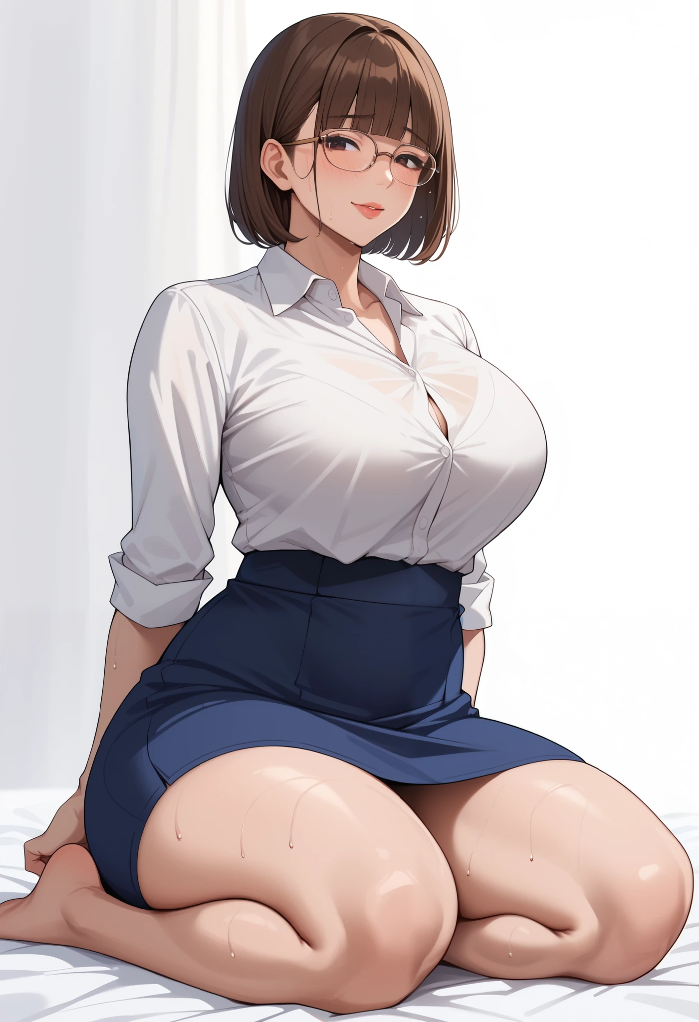 score_9, score_8_ up, score_7, ((White background)) ((Japan girl)) ((1girl)) Source_Anime, rathing_questionable , 最 Details, high res, 8k, 超 high res , soft saturation, Professional quality, perfect contrast , perfect lighting, Anatomically Accurate , Sensual Woman , mature woman, Mature Woman, maternal, seductive , short hair, (short Brown Hair), blunt bangs, dark eyes, wooden frame glasses , Curvy, (white shirt) , sweat , ((big breasts:0.9)) ((thin:1.2)) (full body:1.3) Blue A line skirt