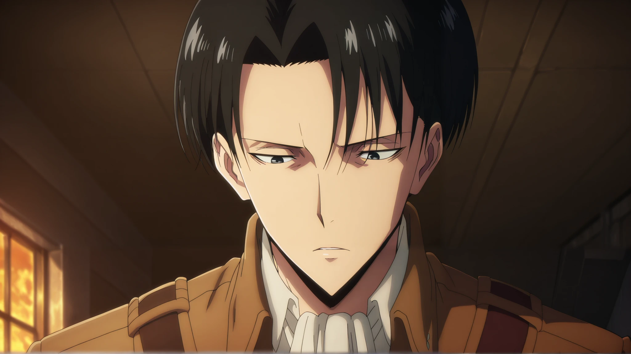 masterpiece, best quality, intricate details, anime screencap, anime coloring, , , , 1boy, solo, male focus, levi_ackerman, black hair, black eyes, short hair, curtained hair, paradis military uniform, ascot, , ,