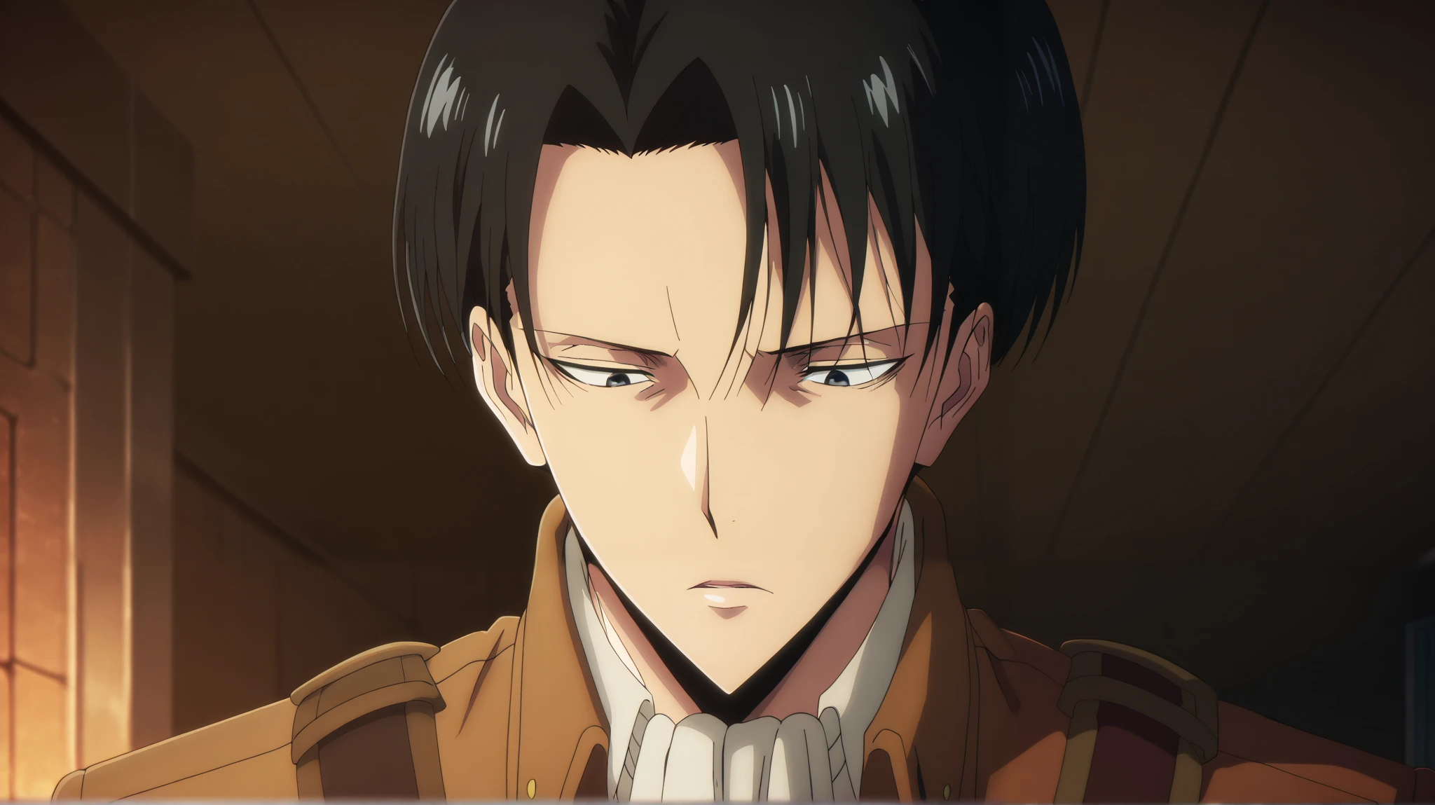 masterpiece, best quality, intricate details, anime screencap, anime coloring, , , , 1boy, solo, male focus, levi_ackerman, black hair, black eyes, short hair, curtained hair, paradis military uniform, ascot, , ,