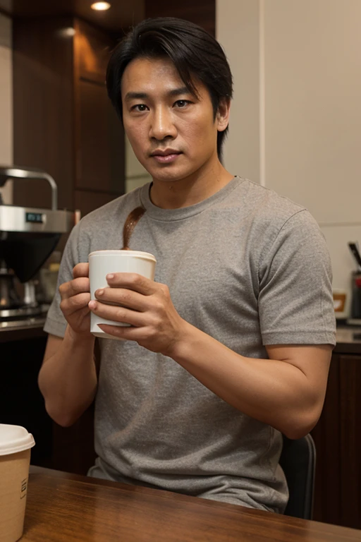 slim asian wearing man with ponytail on top of head, drinking coffee