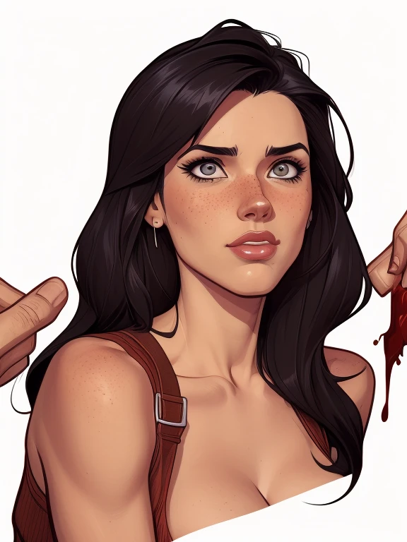 Character style illustration style Completely bare breasts showing a little fear Breast size Cartoon name: Isabella Cruz white background medium breasts freckled face Jennifer Connelly actress strong contours Physical description - long straight hair, dyed a vibrant brown that contrasts with their fair skin. - You reflect a mix of curiosity and determination. – She has a tall stature, with a slender and agile figure, highlighting his agility and dexterity. -colorful background portrait character design, beautiful digital illustration, high-quality portrait, comic book art, Full body sensualizing or naked. return sheet. return sheet clothes of the day hellish day expression of hatred and blood on the face