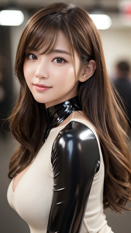 Latex bodysuit、Knee-high boots、Huge 、Long brown hair、Japanese Gravure Idol、Shiny, Oily skin、Glowing Skin、Indoor competition pool、White skin、The beauty of kimono, Body Portrait, 8k, Narrow and beautiful eyes, Dindal effect, masterpiece, 最high quality, high quality, High resolution, Very detailed photos, (Natural skin texture, Fine skin, Hyperrealism, Ultra Sharpness) , Skin with attention to detail, (Very fine, Fine skin texture, Intricate details, Beautiful Face, (Lifelike face), Realistic eyes, Beautiful and detailed eyes, Realistic Skin, Beautiful Skin, surreal, Very detailed, Golden Ratio, Smiling Eyes, ((Night moonlight background)), Body Portrait, , glamorous、 Shiny Bodysuit