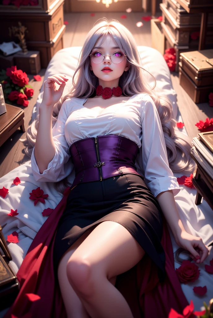 Dungeon and Dragon、caves、Dungeon、 A Necromancer、natta、Dark style、Succubus、Devil's Daughter、Bat Wings，(((Demon Hornlack-rimmed round glasses))))、(((Colossal tits)))、(Devil's Tail),（Woman lying on bed）1 girl, Silver hair, striated hair, Bangs, Blunt bangs, Long hair, Pink hair, aqua eyes, longeyelashes, Purple eyes, makeup, Smile, Parted lips, Realism, Verism, surrealism, depth of fields, One-person viewpoint, retinas, masutepiece, ccurate, Anatomically correct, Textured skin,（Coarse short sweater）Floats off the shoulders、off shoulderlack tight skirt（（Full Body Angle））、stick out buttocks）、（shapely breasts,)、((sexypose)))、(camel's toe), tongue、Vaginal orchids、Runny Vaginal Discharge、Blowing tide、Very beautiful breasts、Grasp your breasts with both hands、sexual excitement、 Expressions、shinny skin。realisitic、(Kpop Idol)、Medium Hair、(Pink blush)、(illuminating)、(solo)、dynamicposes、((erectile nipple))、(Puffy eyes:1.２)、 (Slim legs)、erotick