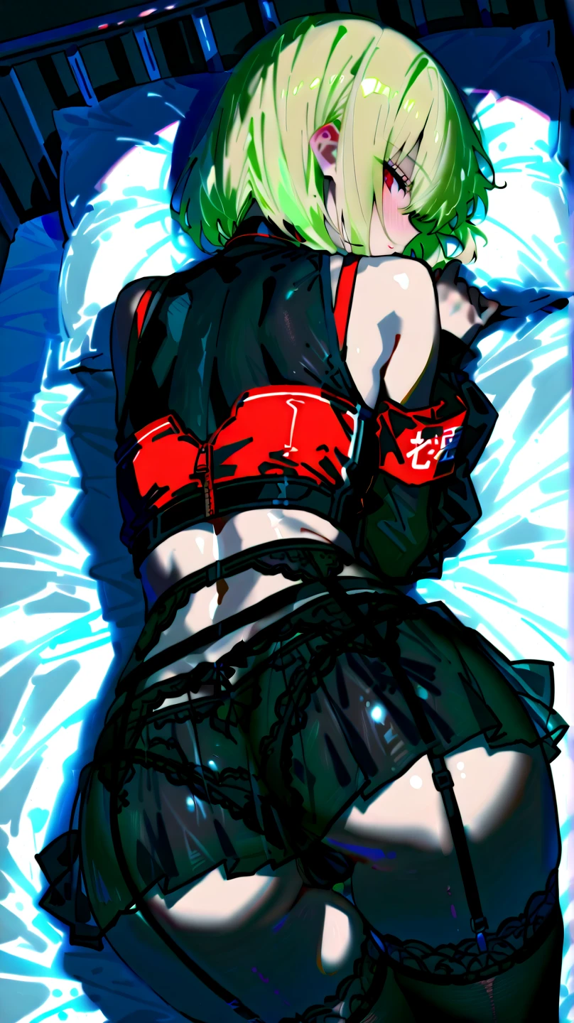 White skin girl, short hair reaching the shoulders, black fur, little red horns. scarlet eyes. demon tail. very sexy body, above, red skirt red, very tight black socks, black necklace for lingerie. Tank Top