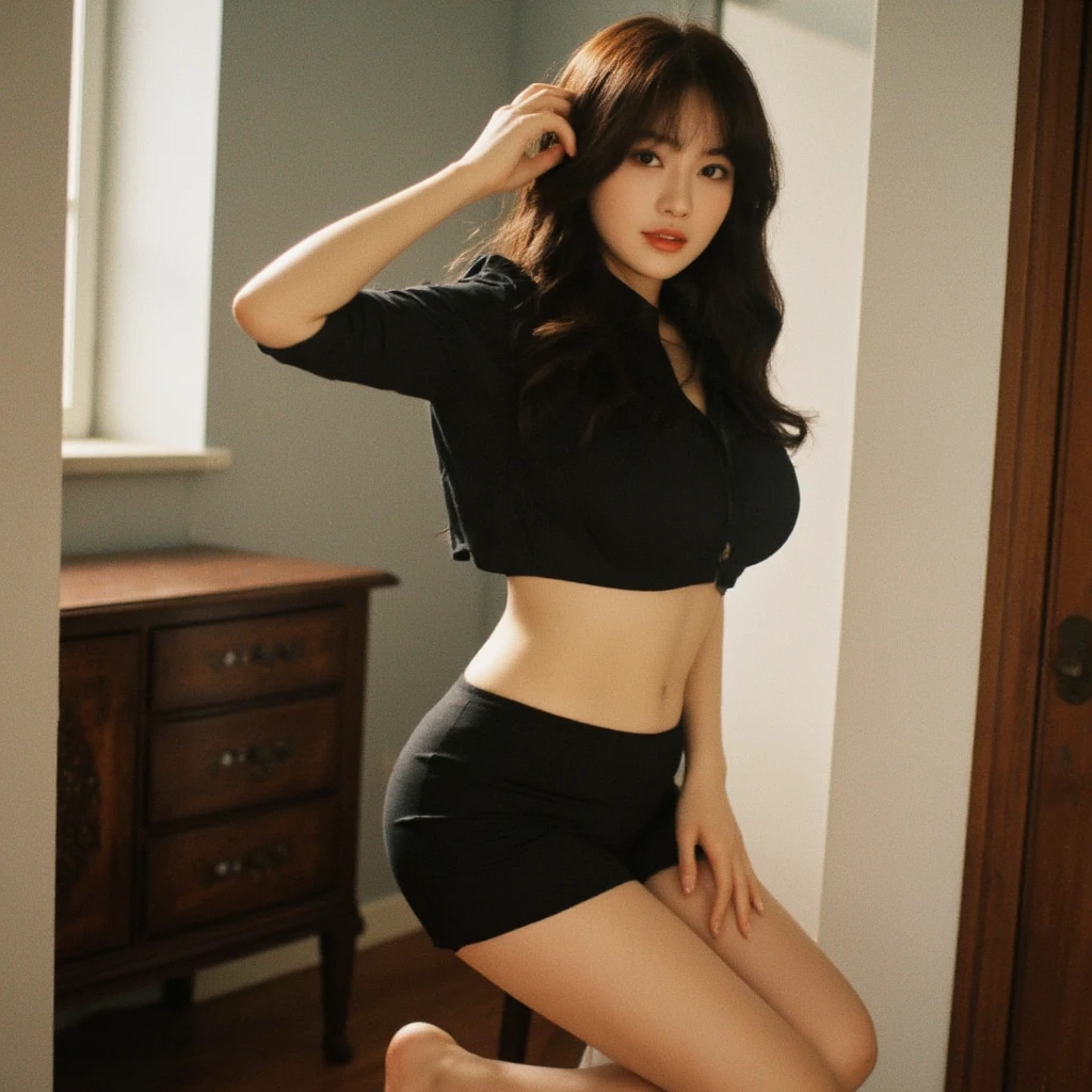 ((Best picture quality,8K)),Korean, top beauty,Very beautiful,(Medium shot:1.2), {{adult woman, 30-year-old lactating woman}},(straight long black brown bob cuts),(Real big tits), (Huge breasts:1.4),ssmile, (In the office), (sexual pose), seductive face, pervert woman, (black tight T-shirt and black short skirts, black transparent office suits), (topless, naked), thicc, holding breast, hand open shirts