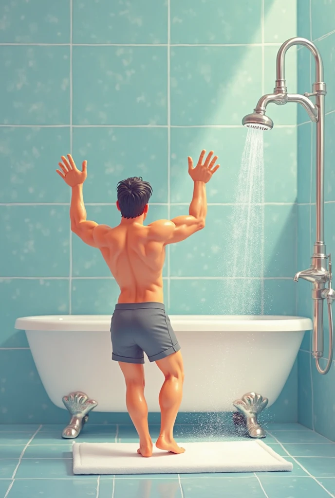 contorno, Estudo da figura masculina de 20 anos, Joven atleta musculoso, standing, corpo robusto completo, completamente nu, totalmente , , Resignation, Au natural, Cubra a virilha com uma toalha branca, apenas traseira, Crowded gym shower with water jets and men showering in the background, Bolos, Por Harry Bush, James Montgomery Flagg e Lois van Baarle e Jim French e RossDrew, Olhos realistas detalhados, large bare feet, large lump in the groin, muito bonito, lindo. Asas de anjo angelical. Aquarela tinta manchada e pingos de tinta. Momen beleza rosto. Chris Evans now as roupa. Bath water 5 naked men bathroom penis butt nude