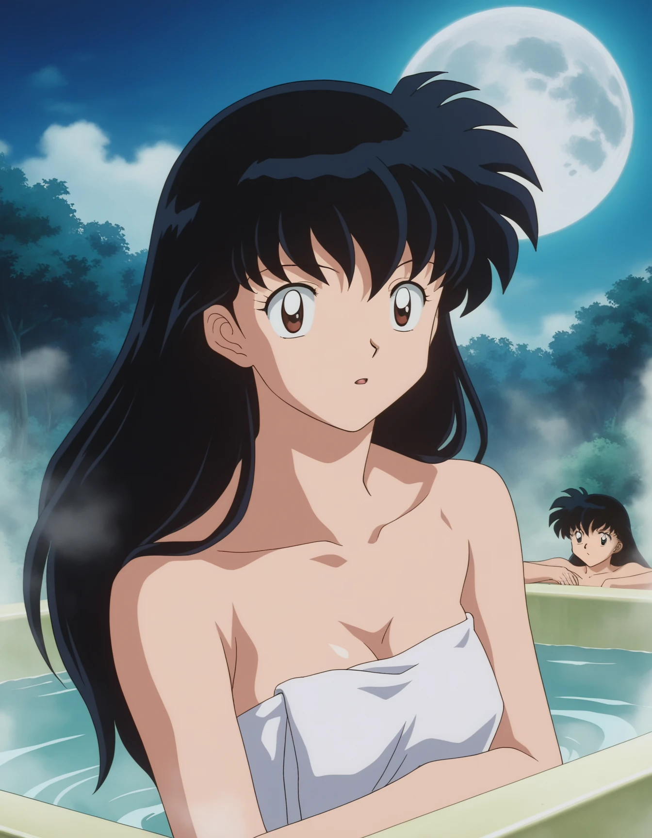 masterpiece, best quality, ultra-detailed, two young girls in (bottomless:1.5) walking in shallow waters next to each other, (nude), multiple girls, 2girls, , holding hands, flat chest, black hair, (pussy:1.5), water, navel.
