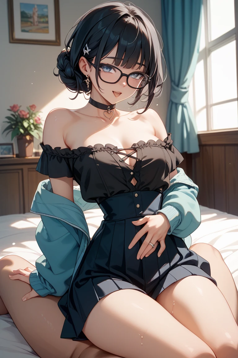 short、Black-rimmed glasses、Grey knit off-shoulder maxi dress、Black bra straps on shoulders
