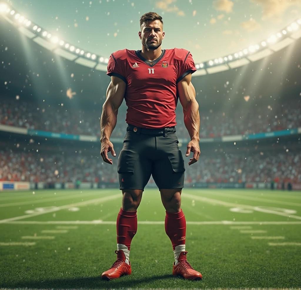 Make a masked man with a hat with a red headband with a maroon shirt, white shorts, maroon socks and a pair of football boots in a football stadium