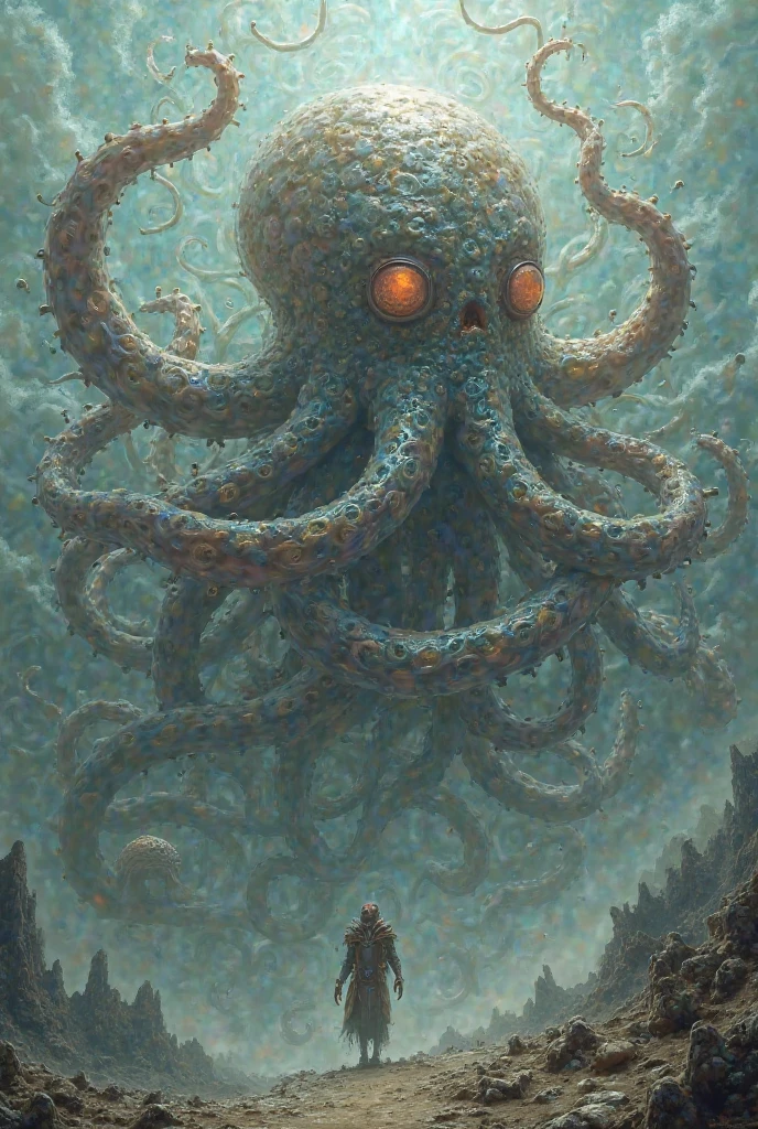 Mythical creatures, author：Zdzislaw Beksiński and Vincent van Gogh, Red moon and big eyeucha、Cthulhu