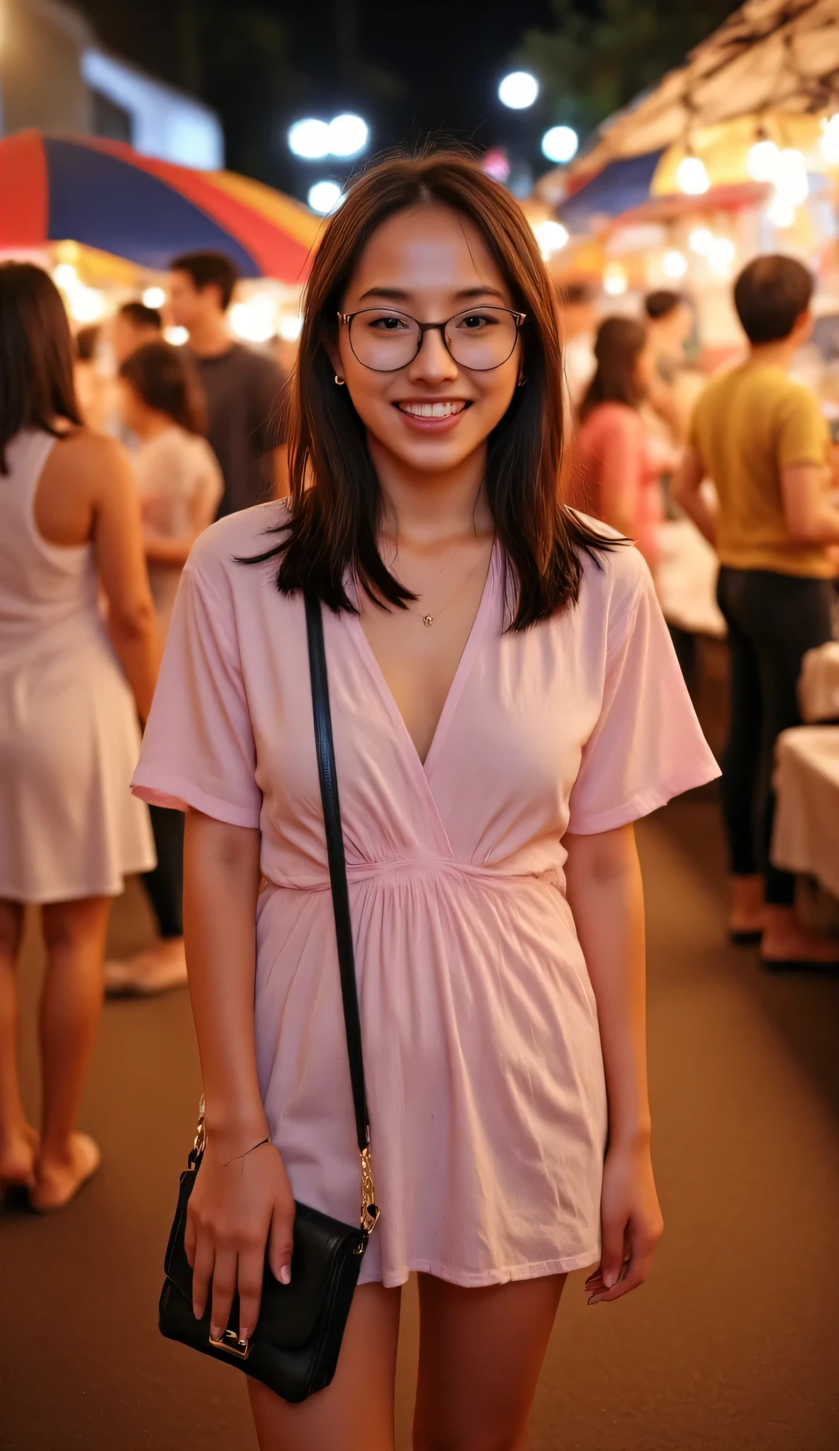 A highly realistic, full shot photograph of a young Thai woman named Mai, appearing around 21 years old, with a genuine and warm smile revealing straight, white teeth. Her height is around 163 cm (5'4"). She has a slim, toned physique with subtle definition and a well-proportioned figure with a noticeably full and perky D Cup bust. Her eyes are kind and dark brown, framed by long eyelashes and stylish, thin-framed gold eyeglasses. She has full, naturally shaped lips. Her hair is neatly styled and dark, falling to just below her shoulders with a gentle wave. Her slender hands with clearly defined fingers and well-manicured nails are gently at her side. She is standing in a relaxed posture at a brightly lit and bustling Thai night market. She is wearing a lightweight, see-through pastel pink cotton blouse with a small, delicate floral print that falls to her knees, and simple, comfortable sandals. A delicate silver necklace rests on her collarbone, and simple silver stud earrings adorn her ears. A small, elegant black leather shoulder bag with a gold chain strap is slung over her shoulder. The background shows various market stalls selling colorful clothes, street food, and other goods, with many people walking around. The lighting is warm and vibrant, with artificial lights illuminating the scene. The overall atmosphere is lively and inviting, showcasing her entire figure from head to toe