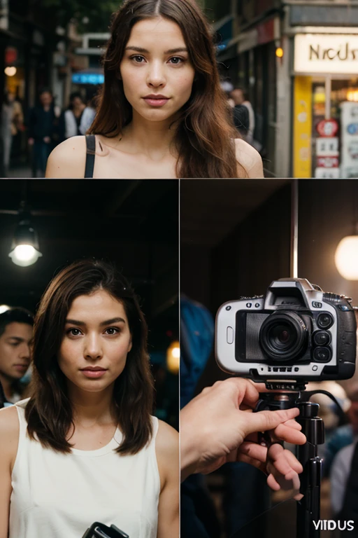 The image shows two news reporter in the streets, interviewing a very beautiful woman, half-naked, with a microphone in her hand, reporting in front of the camera.