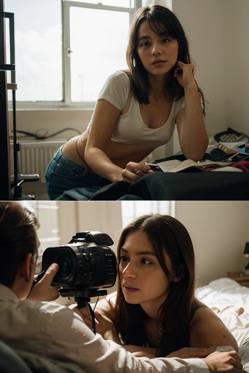 Create a photo of a 30 year old young woman, with long light brown hair tied in a ponytail with a lock of hair over her face, slender and beautiful body, wearing jean shorts and an open yellow shirt without a bra with bare breasts, with white and clear skin, is facing the camera which is being carried on the shoulders of a dark-skinned woman, obese, with short hair who is wearing a blue dress and glasses
